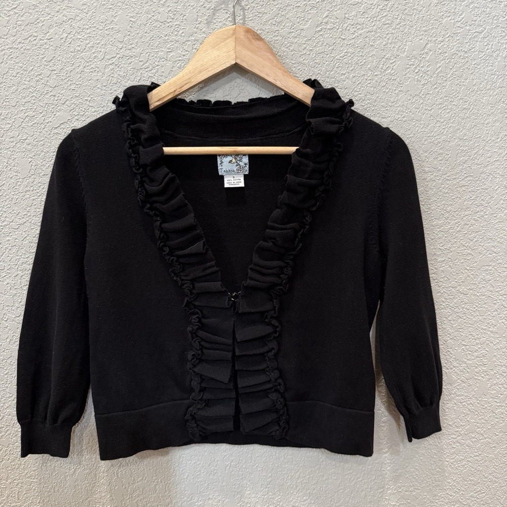 Anthropologie Tabitha Women's S Ruffle Cardigan Clip-Front 3/4 Sleeve Black
